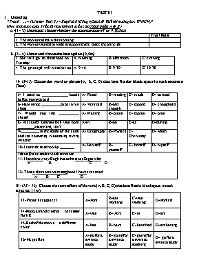 Đề thi học kỳ I môn Tiếng Anh Lớp 8 - Đề 1 (Có đáp án)